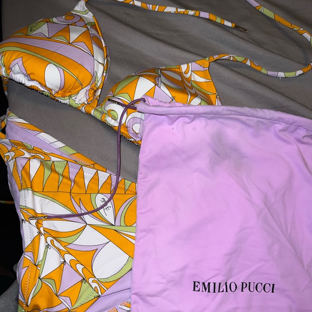 Emilio Pucci Orange, White & Lavender Geometric Print Bikini